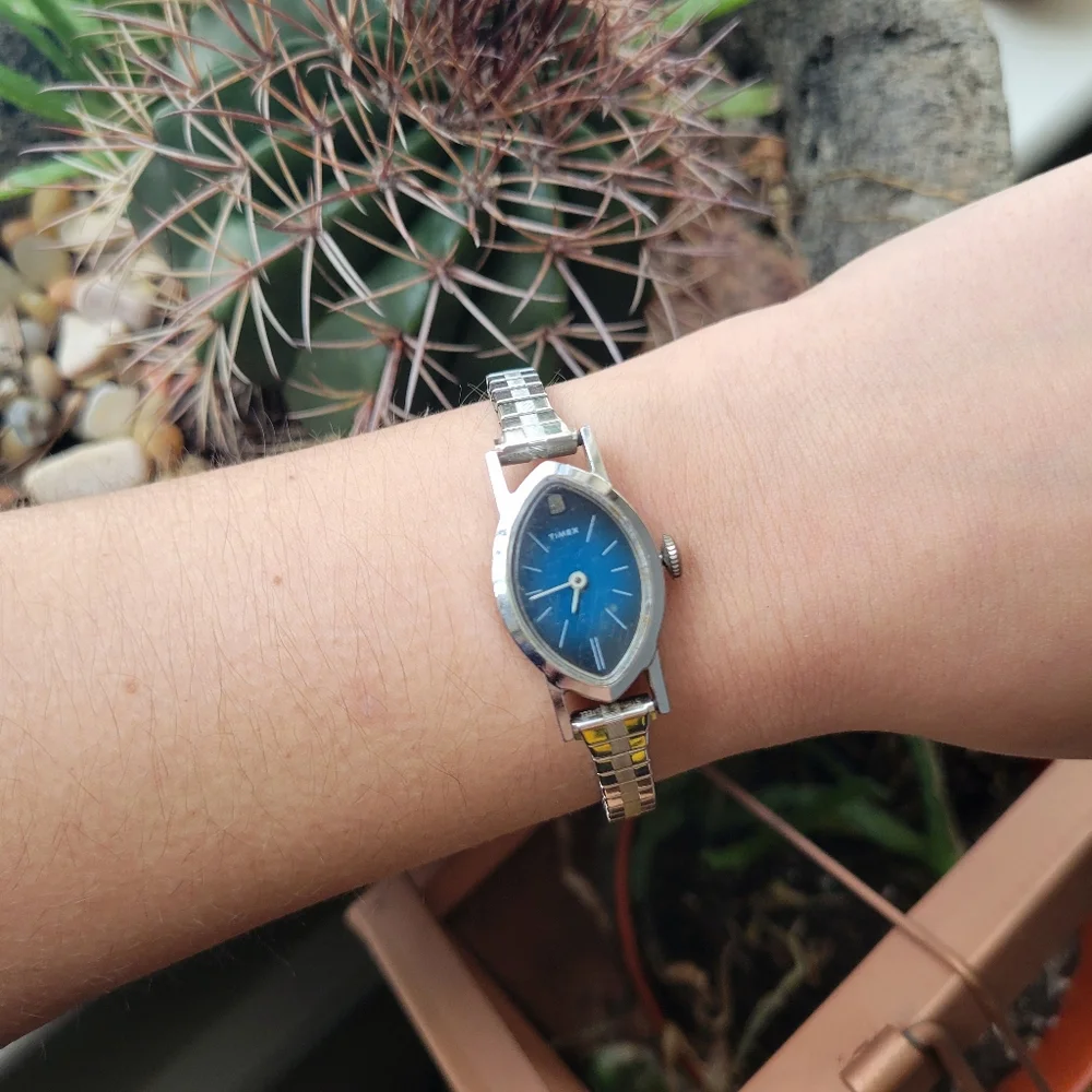 Vintage Timex Marquise Dainty Silver & Navy Blue Classic Stretch Watch